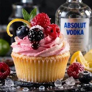 Vanilla cupcake with pink berry buttercream, berries and a lemon twist