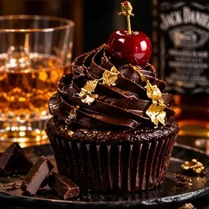 Chocolate cupcake with dark chocolate swirl, gold leaf and a glossy cherry