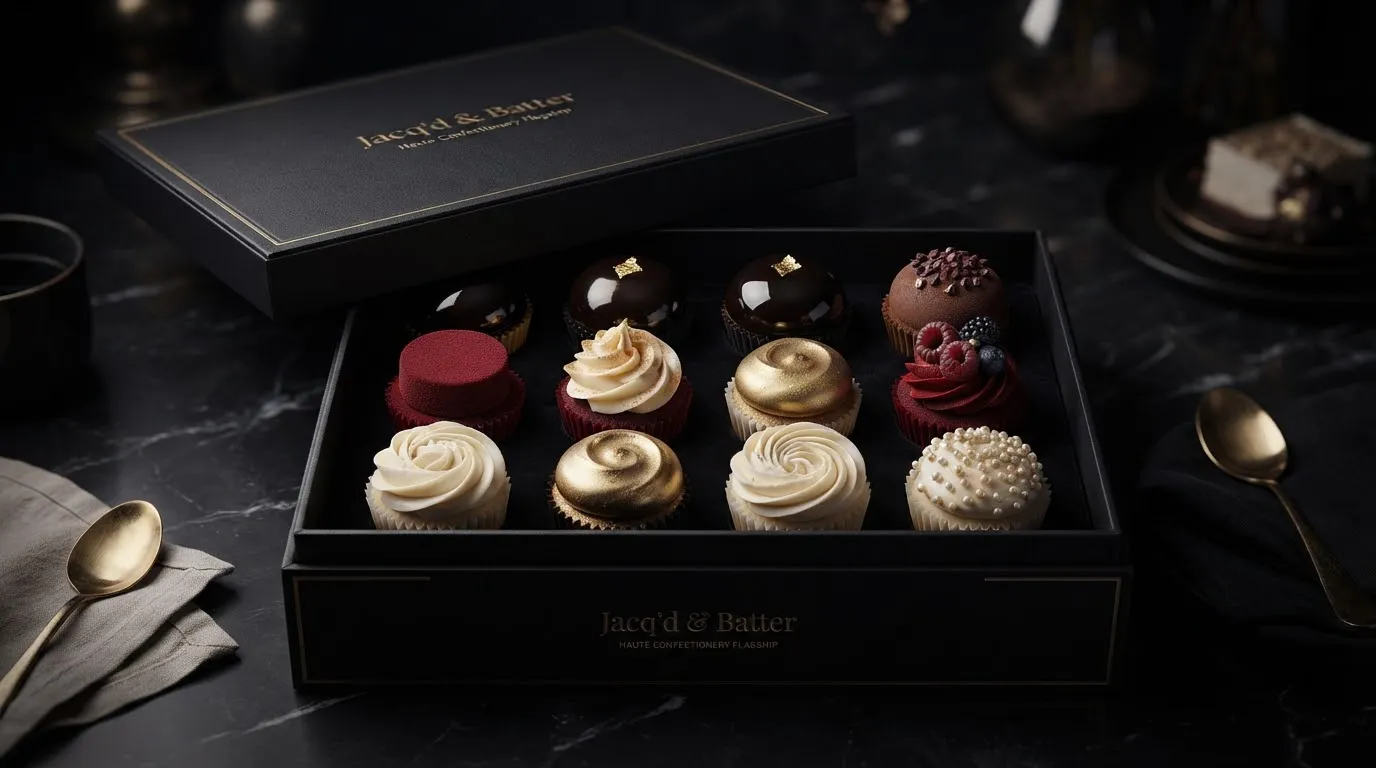 Large black box holding twelve cupcakes in black, red and ivory