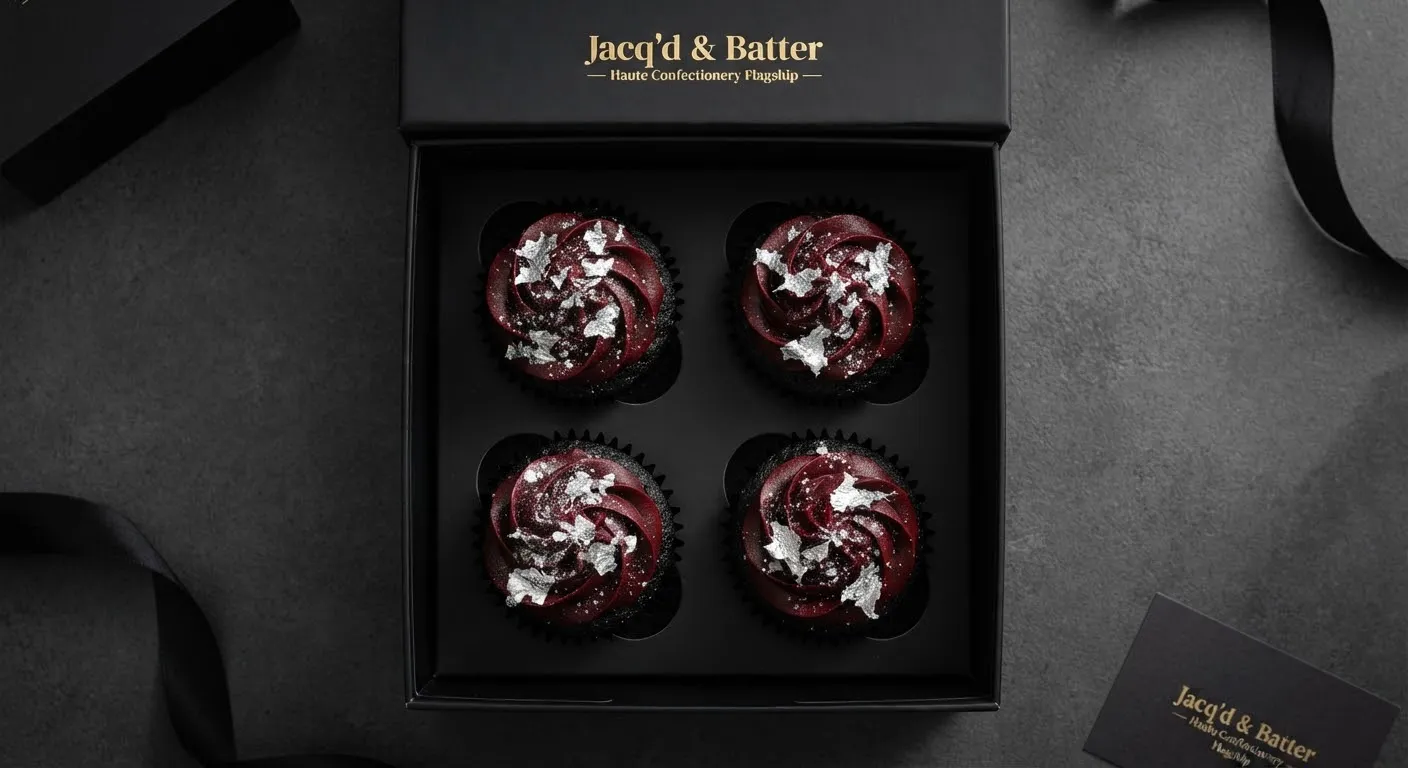Matte black box holding four dark cupcakes