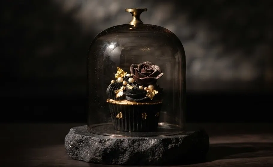 Single cupcake under a smoked glass cloche