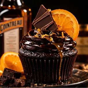 Chocolate cupcake with glossy ganache, orange slice and chocolate shard