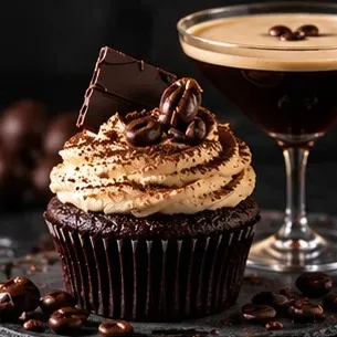Chocolate cupcake with coffee buttercream, cocoa dust and coffee beans