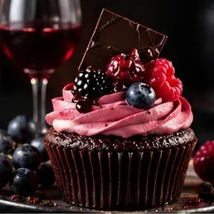Chocolate cupcake with pink berry buttercream, blackberries and blueberries