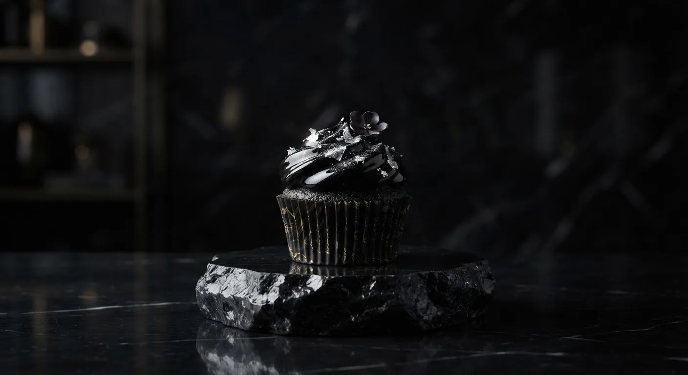 Black velvet cupcake with mirror-glazed black frosting on an obsidian stone pedestal