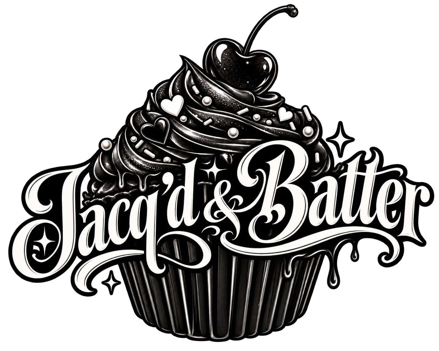 Jacq’d & Batter — glossy black cupcake with a cherry, wrapped in the script wordmark