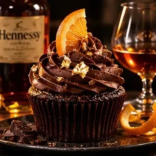 Chocolate cupcake with chocolate swirl, orange slice and gold leaf