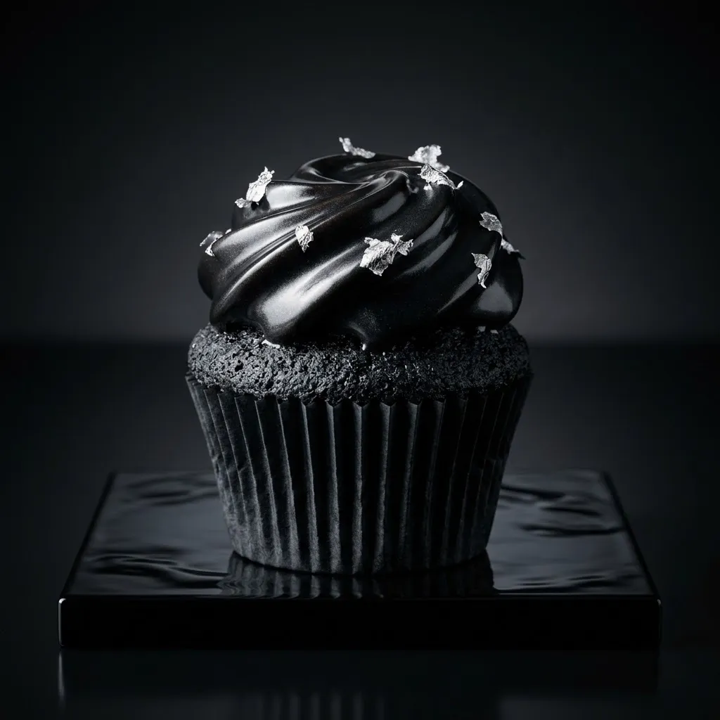 Black velvet cupcake with glossy black swirl and silver flakes on a black plinth