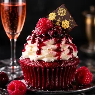 Red velvet cupcake with cream frosting, raspberry drizzle and fresh raspberries