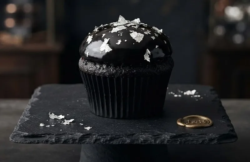Black velvet cupcake with glossy black glaze on a dark stand