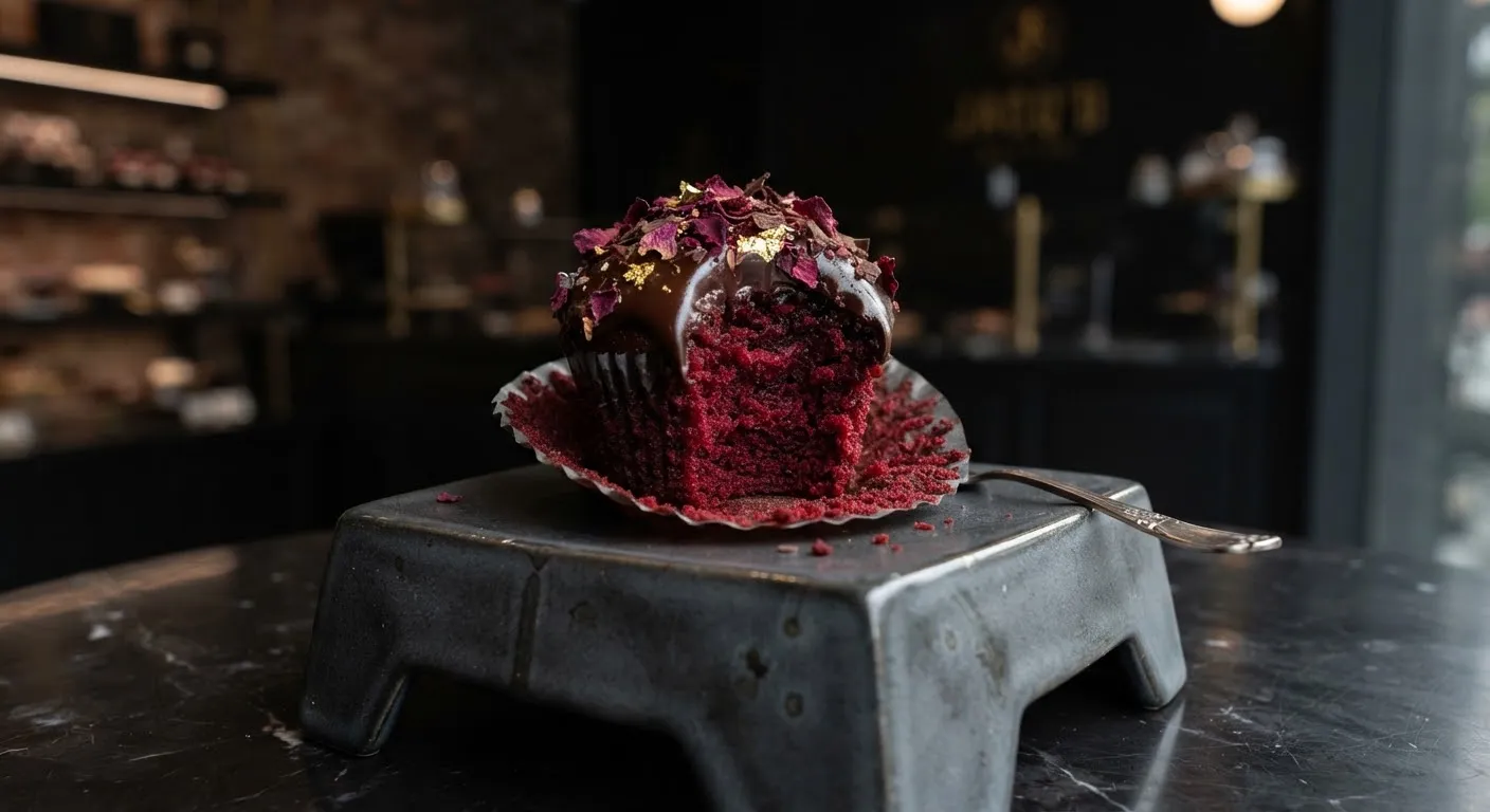 Red velvet cupcake cut open to show a crimson crumb, with dark glaze