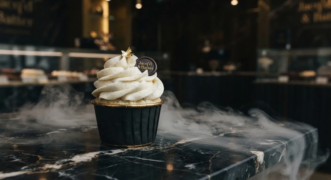 Vanilla cupcake with a sculpted ivory frosting swirl on dark marble