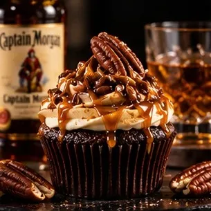 Chocolate cupcake with caramel drip and candied pecans