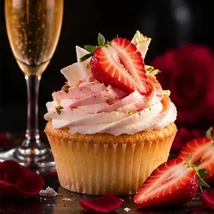 Vanilla cupcake with pink and white swirl and a fresh strawberry