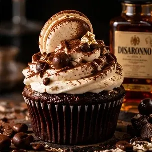 Chocolate cupcake with mascarpone cream, cocoa dust and a macaron