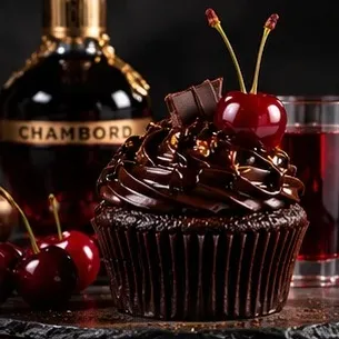 Chocolate cupcake with glossy ganache crowned by two cherries