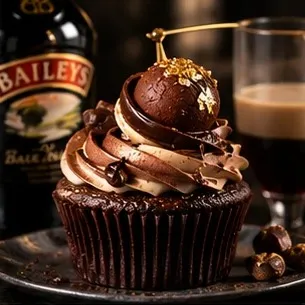 Chocolate cupcake with two-tone cream swirl and a chocolate truffle